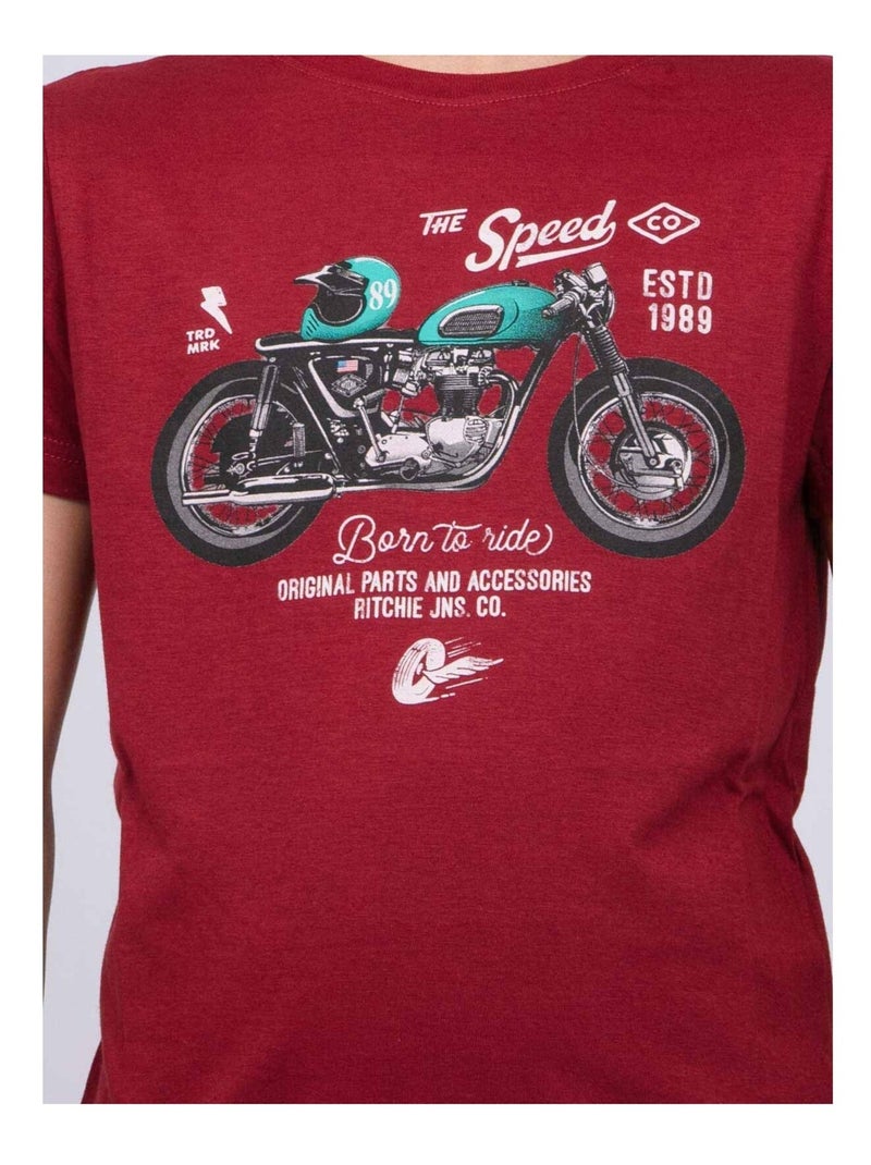 T-shirt col rond pur coton JOUMEA garçon Bordeaux - Kiabi