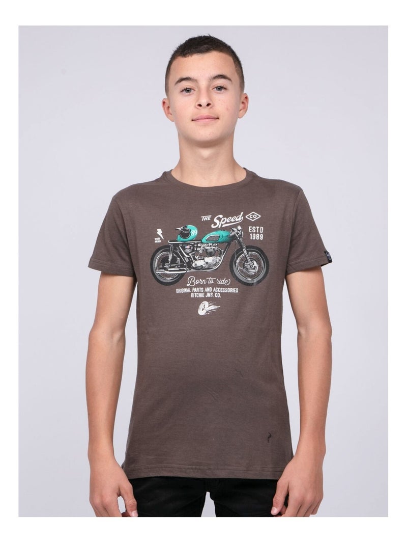 T-shirt col rond pur coton JOUMEA garçon Kaki - Kiabi