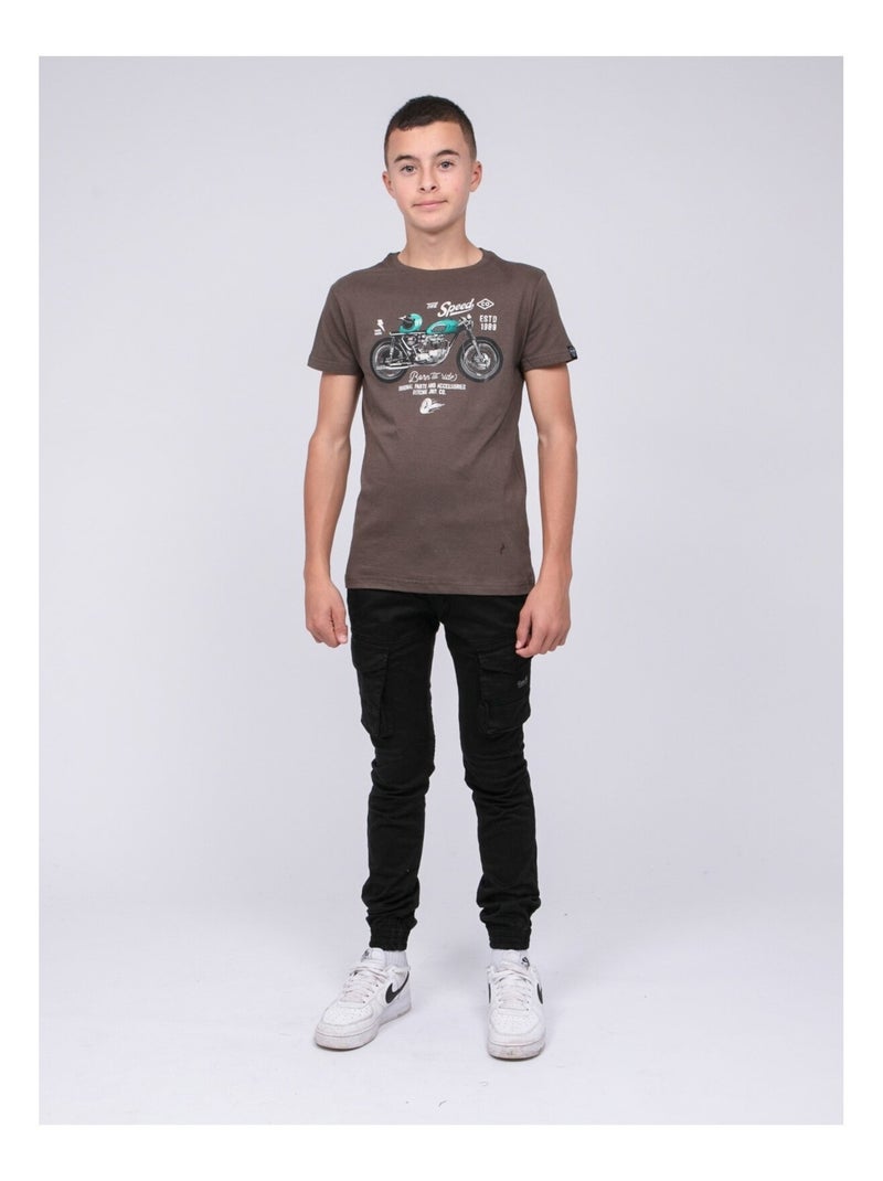 T-shirt col rond pur coton JOUMEA garçon Kaki - Kiabi