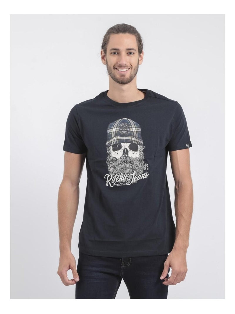 T-shirt col rond pur coton JUMAX Bleu marine - Kiabi