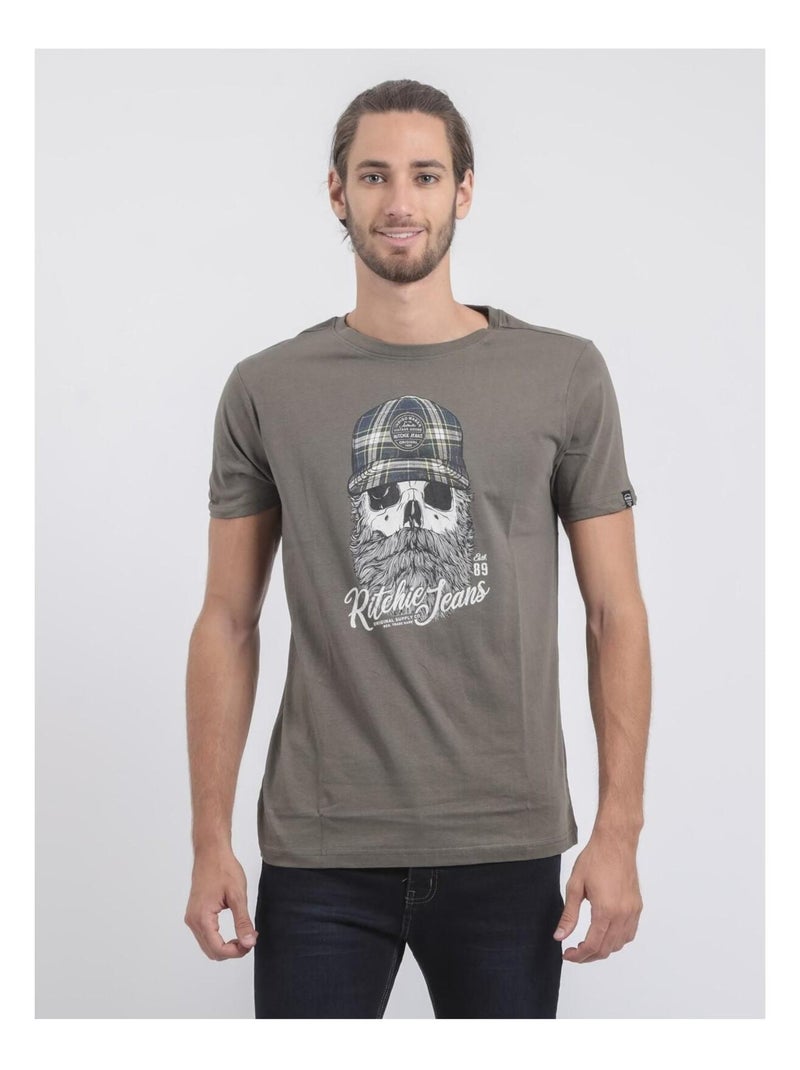 T-shirt col rond pur coton JUMAX Kaki - Kiabi