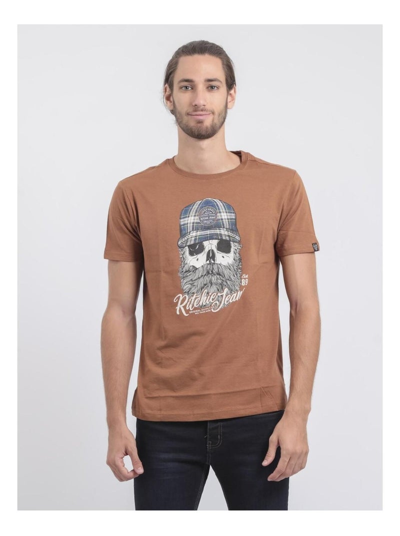 T-shirt col rond pur coton JUMAX Marron caramel - Kiabi