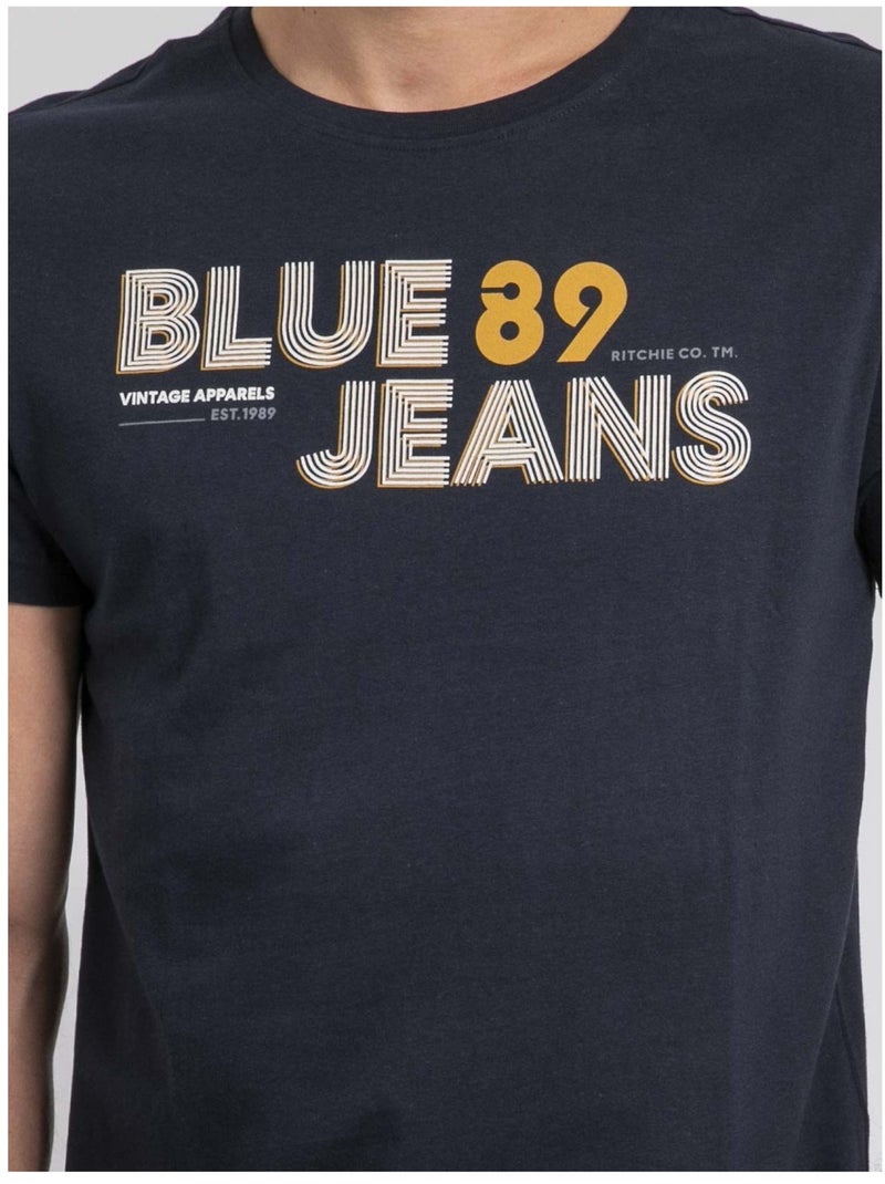 T-shirt col rond pur coton JUPILAR Bleu marine - Kiabi