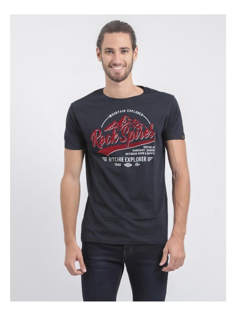 T-shirt col rond pur coton JUPITOLI Bleu marine - Kiabi