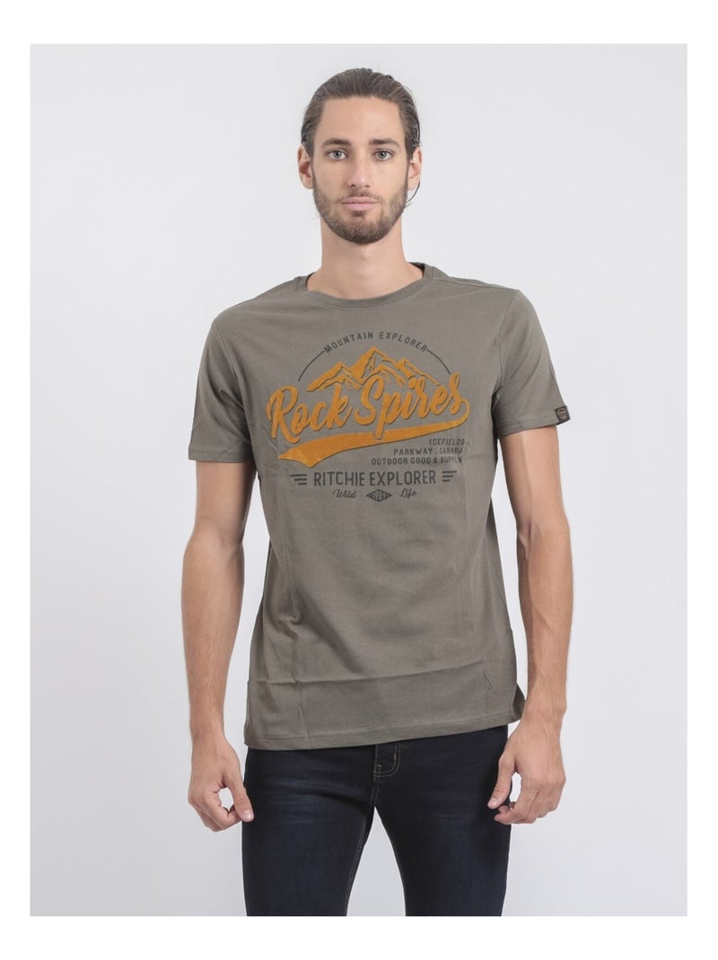 T-shirt col rond pur coton JUPITOLI Kaki - Kiabi