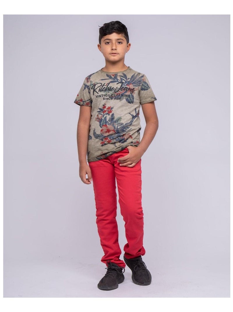 T-shirt col rond pur coton motifs NALKO garçon Kaki - Kiabi