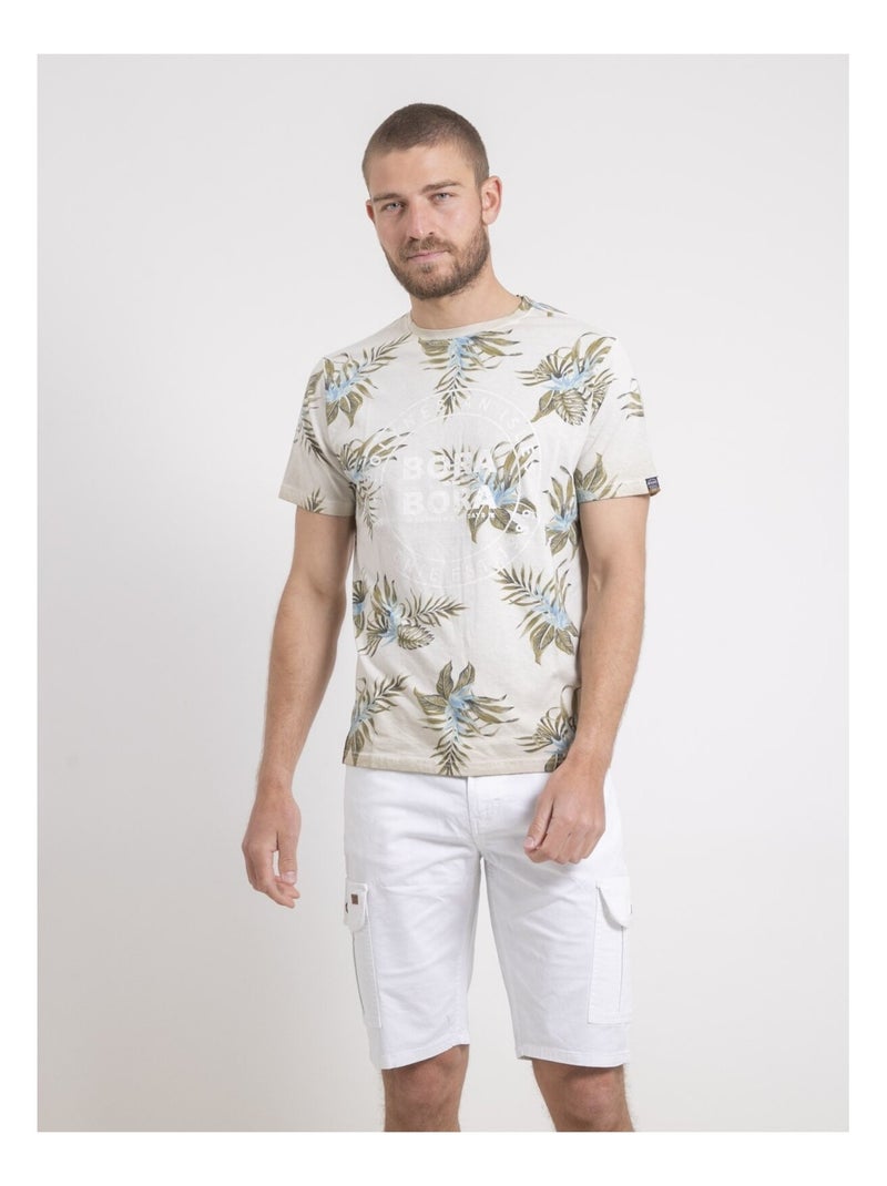 T-shirt col rond pur coton motifs NULEMON Beige - Kiabi