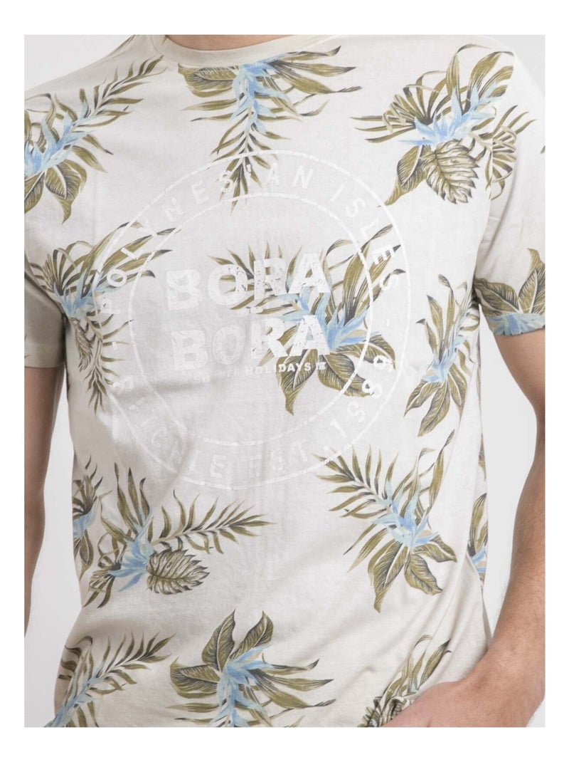 T-shirt col rond pur coton motifs NULEMON Beige - Kiabi