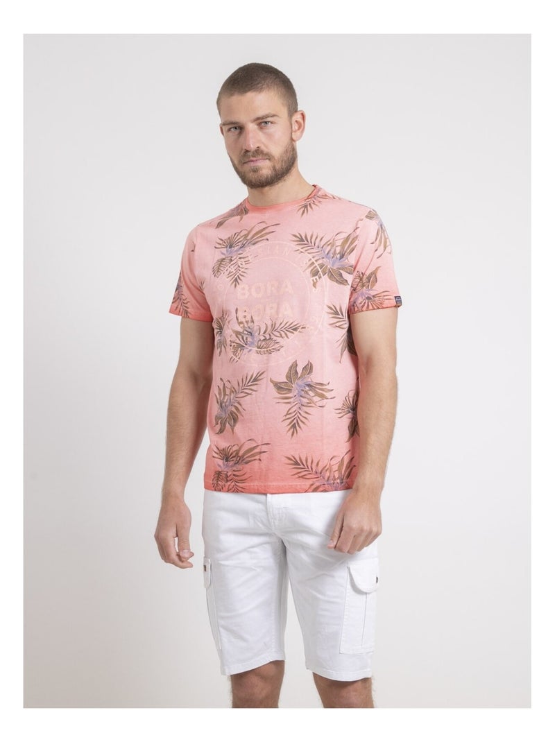T-shirt col rond pur coton motifs NULEMON Orange corail - Kiabi