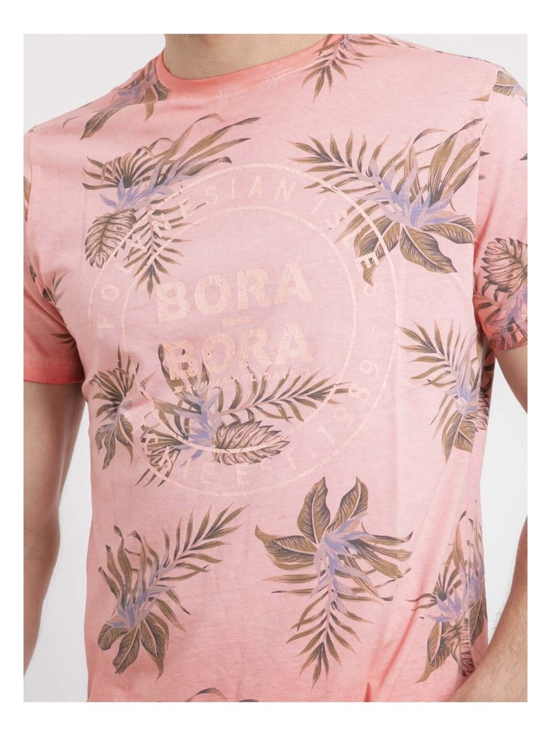 T-shirt col rond pur coton motifs NULEMON Orange corail - Kiabi