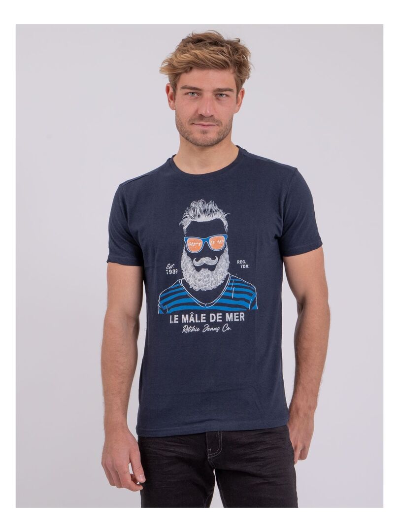 T-shirt col rond pur coton NABARZU Bleu marine - Kiabi