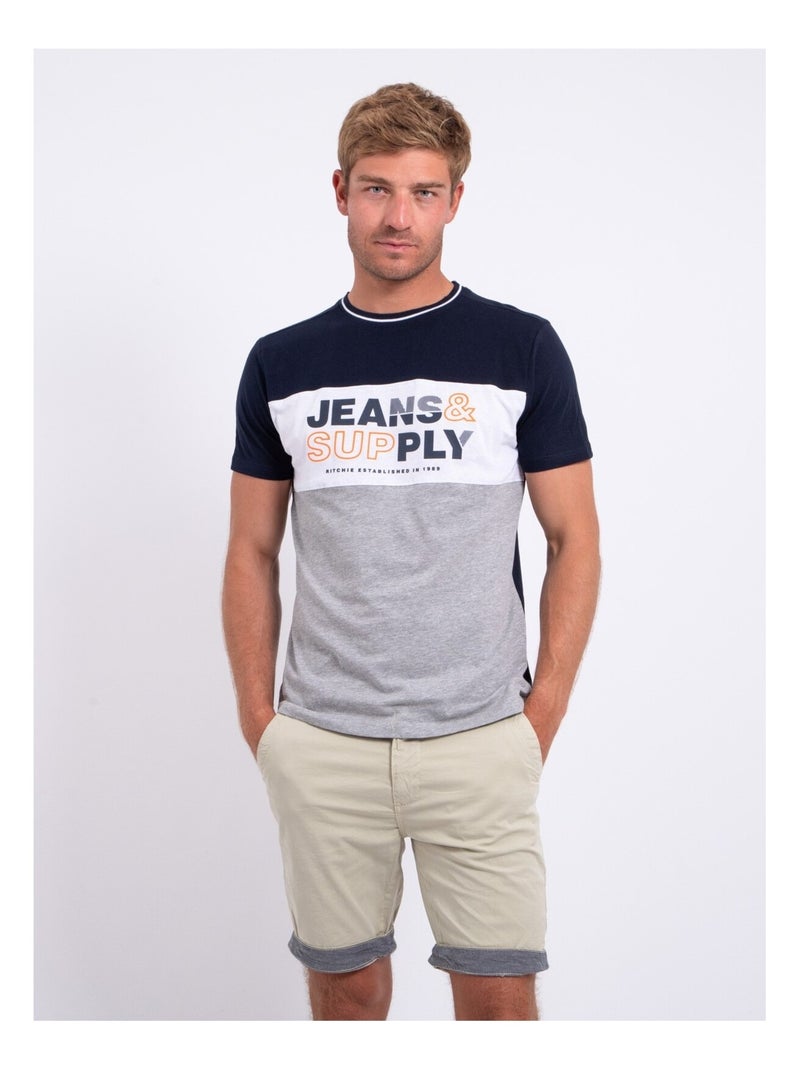 T-shirt col rond pur coton NABELO Bleu marine - Kiabi