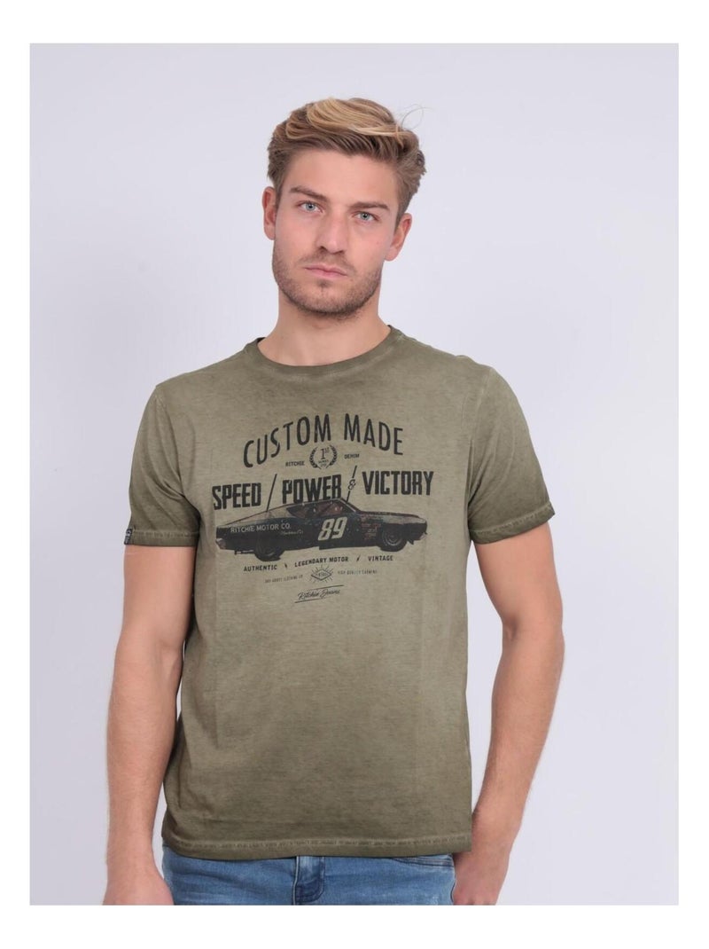 T-shirt col rond pur coton NABIENO Kaki - Kiabi