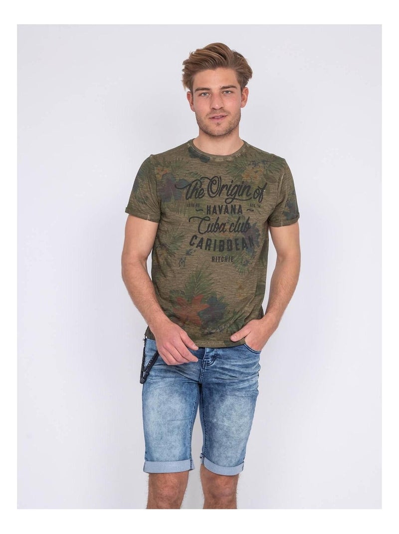 T-shirt col rond pur coton NAGANO Kaki - Kiabi