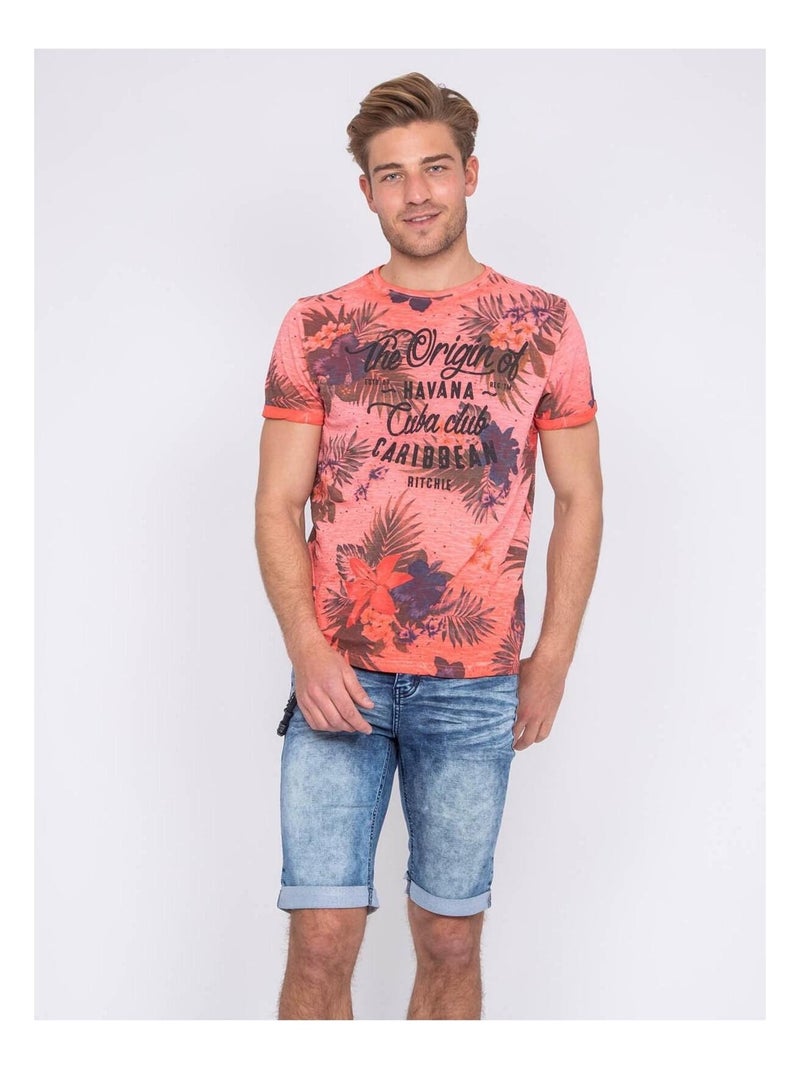 T-shirt col rond pur coton NAGANO Orange corail - Kiabi