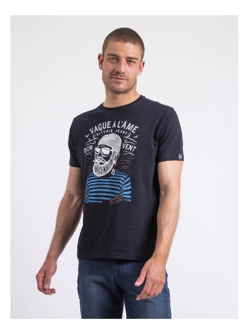 T-shirt col rond pur coton NAPLE Bleu marine - Kiabi
