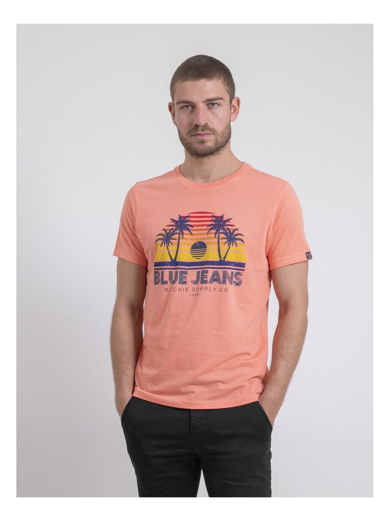 T-shirt col rond pur coton NAPOUR Orange corail - Kiabi
