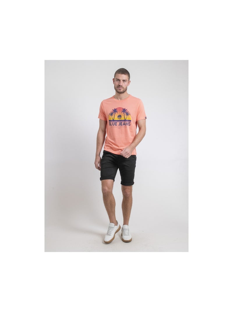 T-shirt col rond pur coton NAPOUR Orange corail - Kiabi