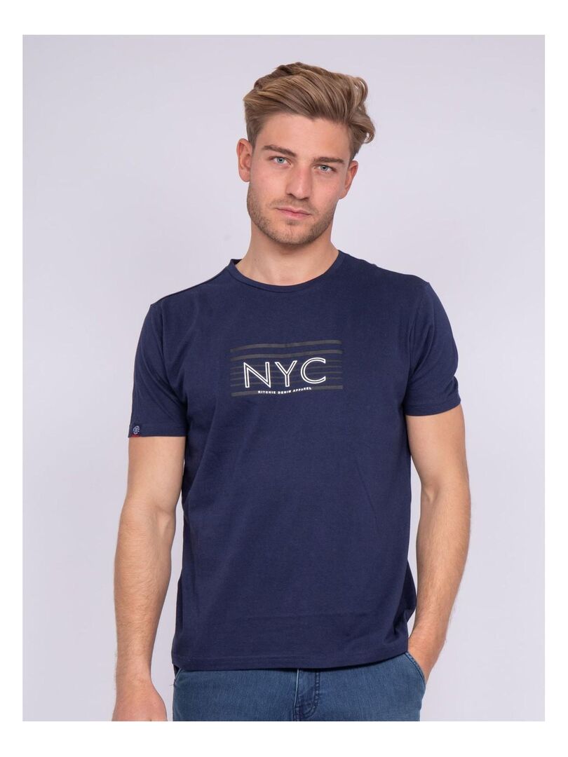 T-shirt col rond pur coton NARLO Bleu marine - Kiabi