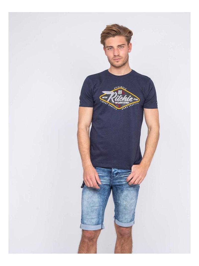 T-shirt col rond pur coton NAUTILUS Bleu marine - Kiabi