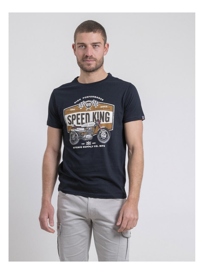 T-shirt col rond pur coton NELORIC Bleu marine - Kiabi