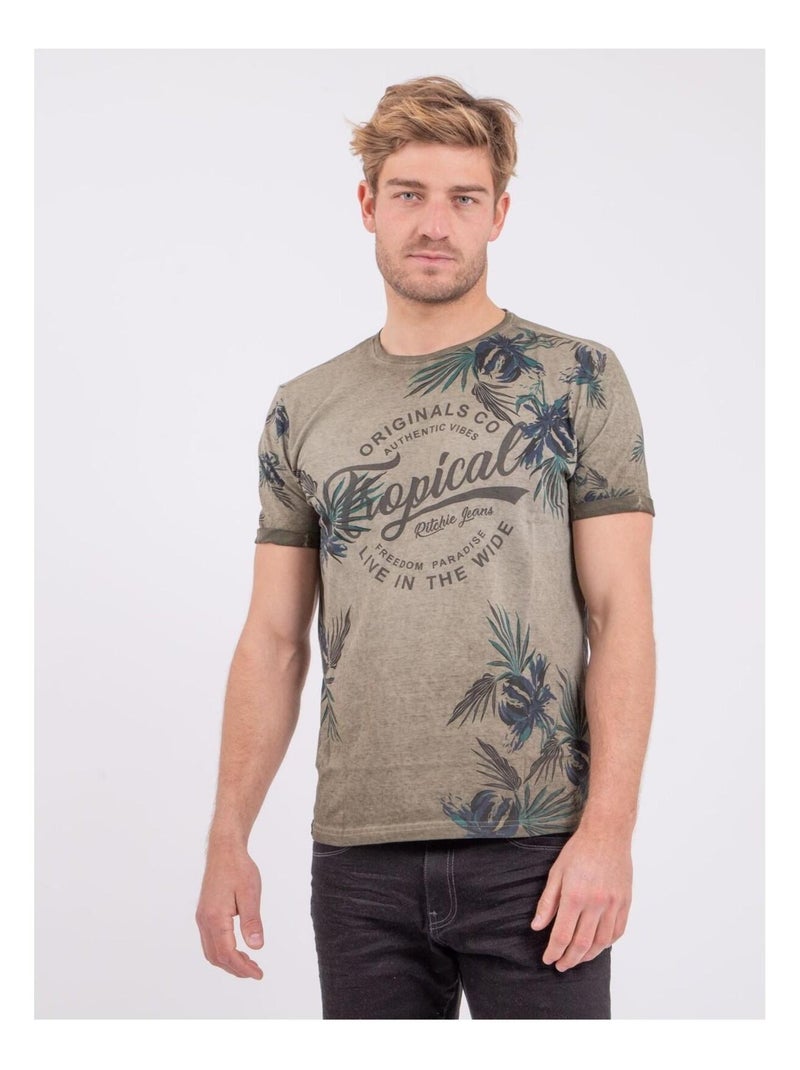 T-shirt col rond pur coton NERWIK Kaki - Kiabi