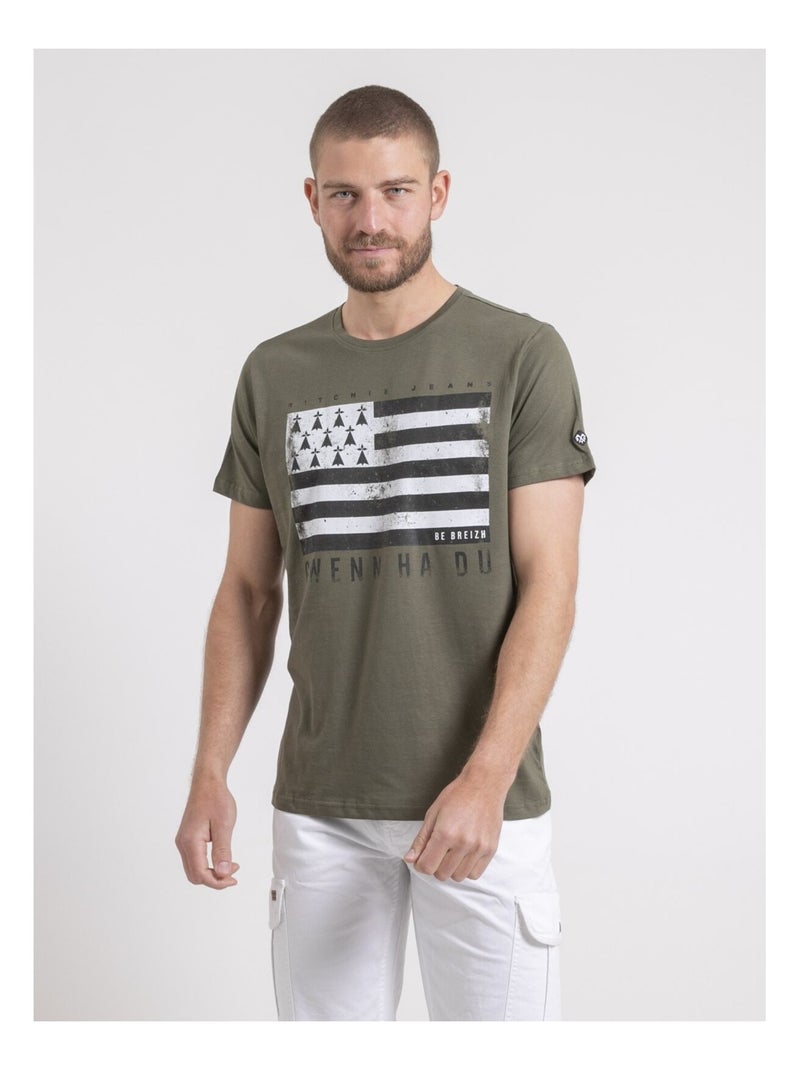 T-shirt col rond pur coton NEVENOU Kaki - Kiabi