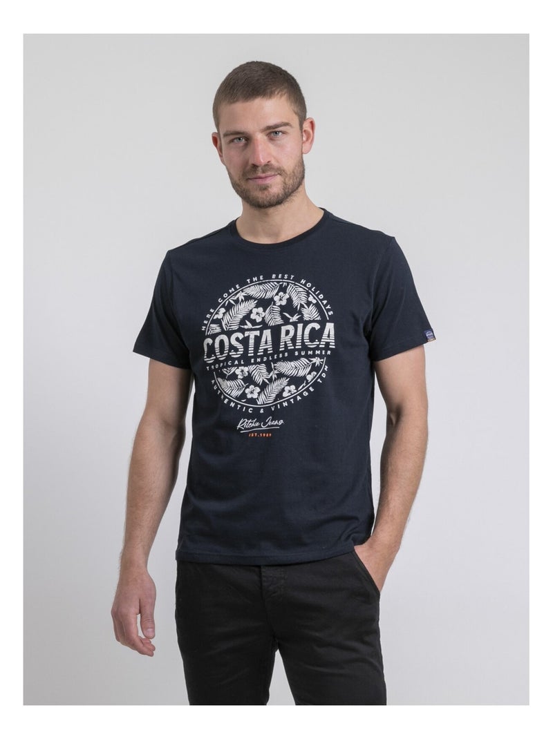 T-shirt col rond pur coton NEVOLTA Bleu marine - Kiabi