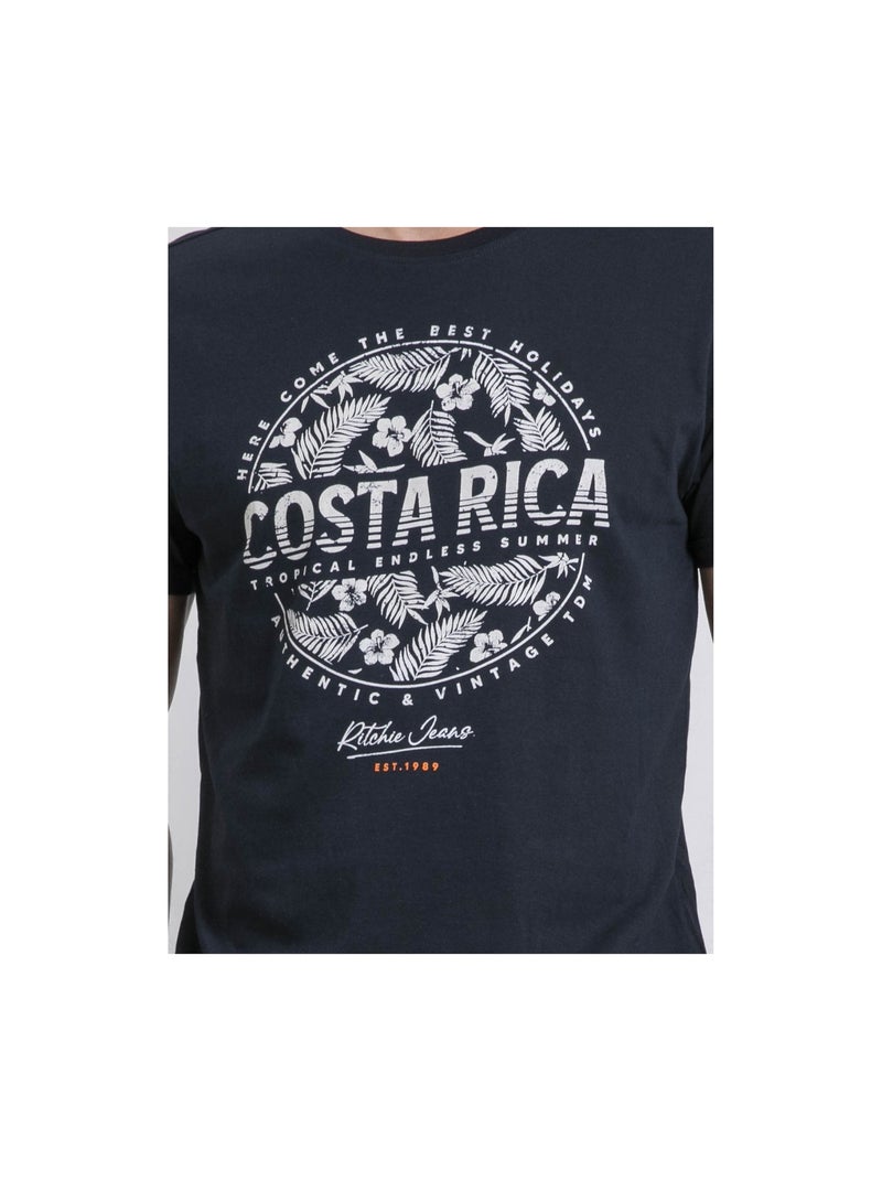 T-shirt col rond pur coton NEVOLTA Bleu marine - Kiabi