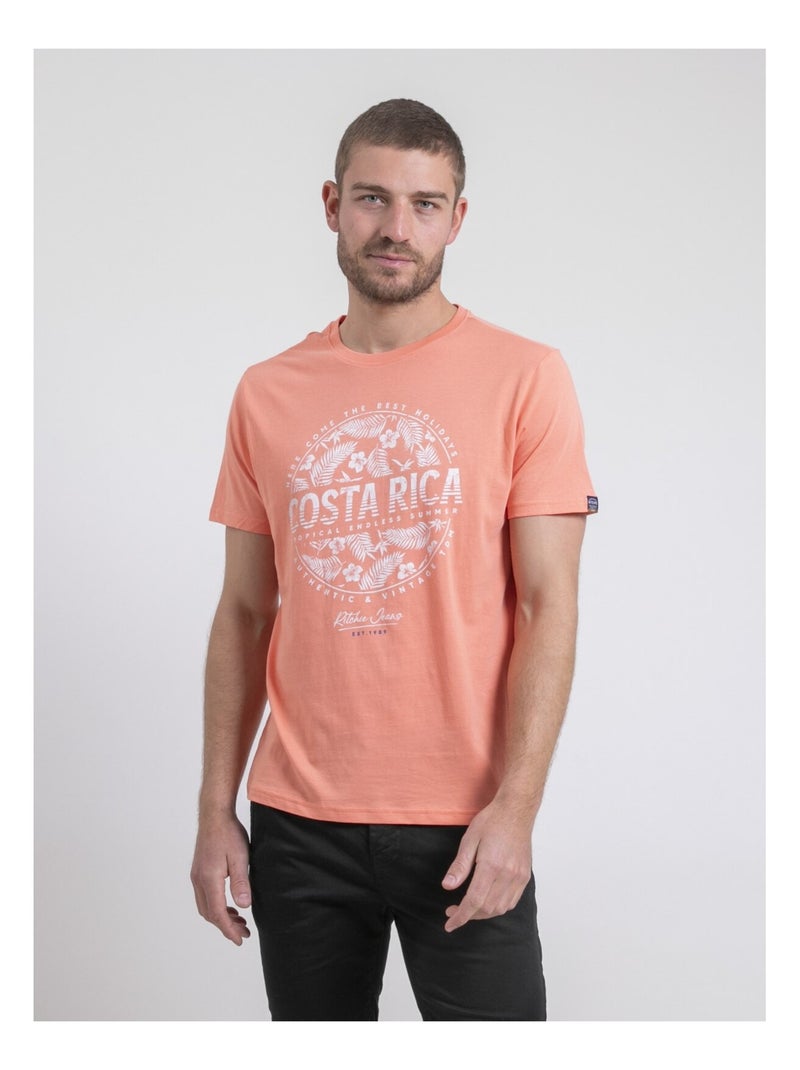 T-shirt col rond pur coton NEVOLTA Orange corail - Kiabi