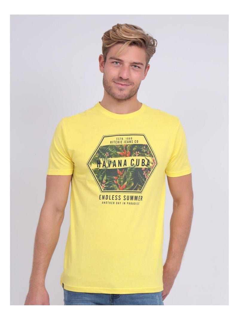 T-shirt col rond pur coton NIBOU Jaune - Kiabi