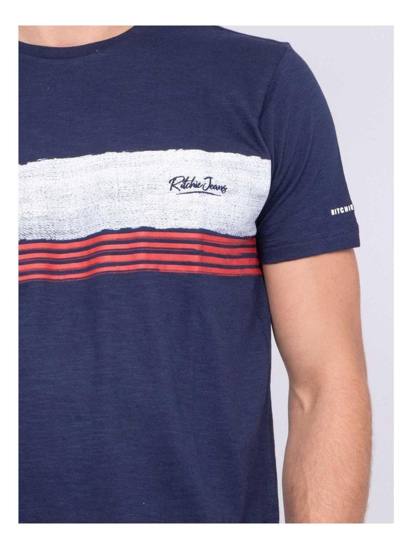 T-shirt col rond pur coton NIDEEP Bleu marine - Kiabi