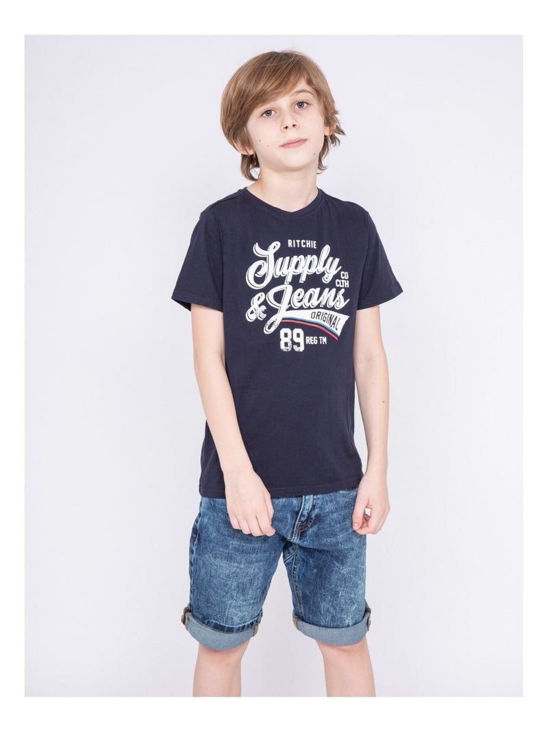 T-shirt col rond pur coton NIGLOU-J Bleu marine - Kiabi