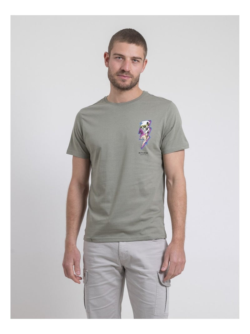 T-shirt col rond pur coton NIKISKULL Kaki - Kiabi