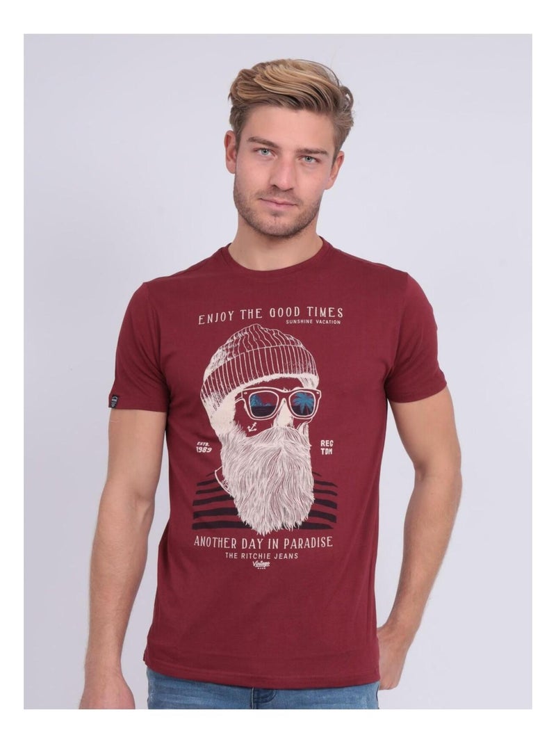 T-shirt col rond pur coton NOBELIX Bordeaux - Kiabi