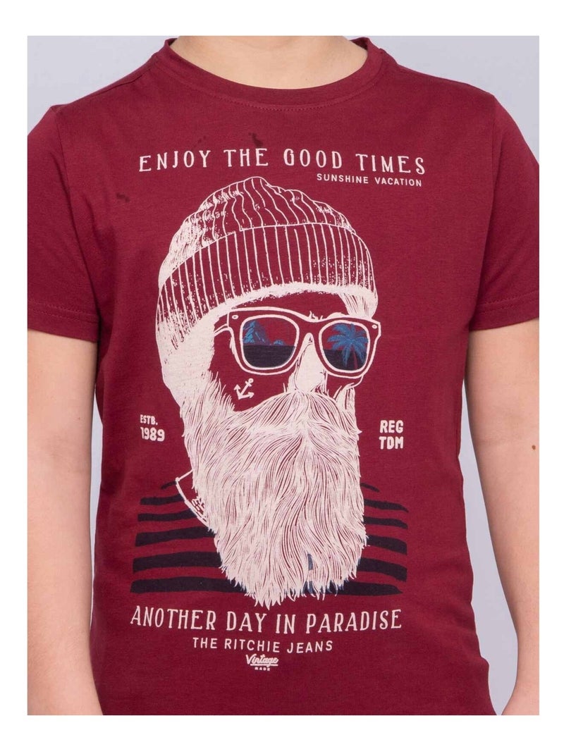 T-shirt col rond pur coton NOBELIX garçon Bordeaux - Kiabi