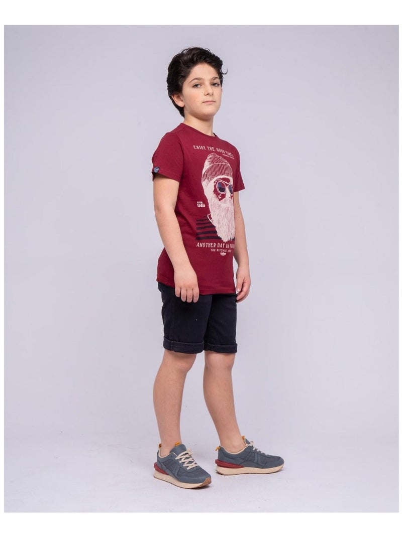 T-shirt col rond pur coton NOBELIX garçon Bordeaux - Kiabi