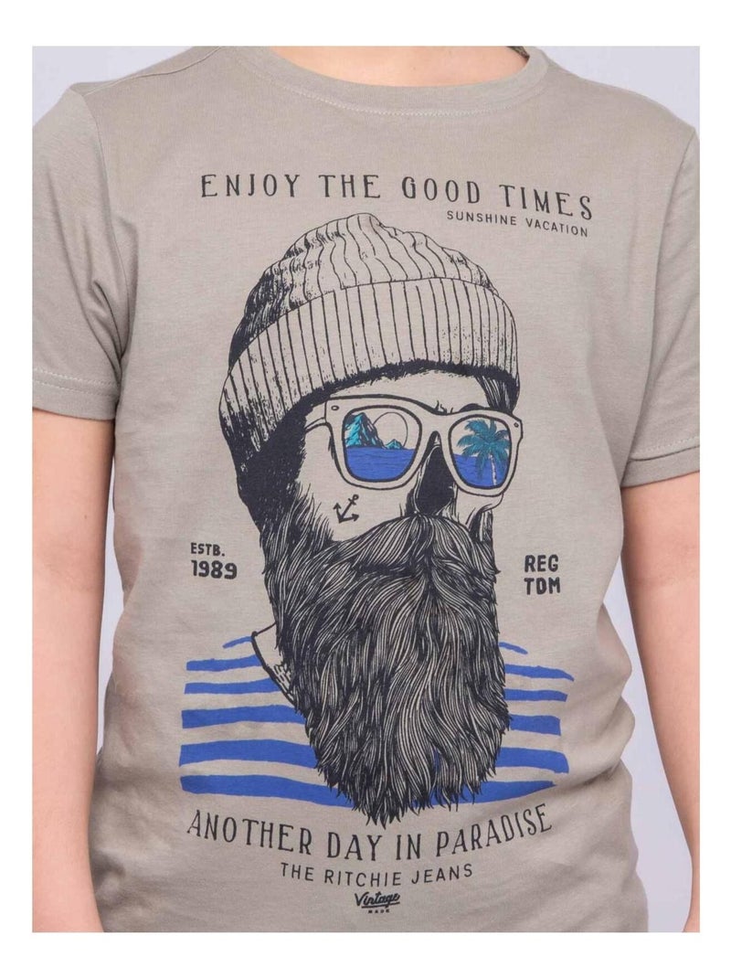T-shirt col rond pur coton NOBELIX garçon Kaki - Kiabi