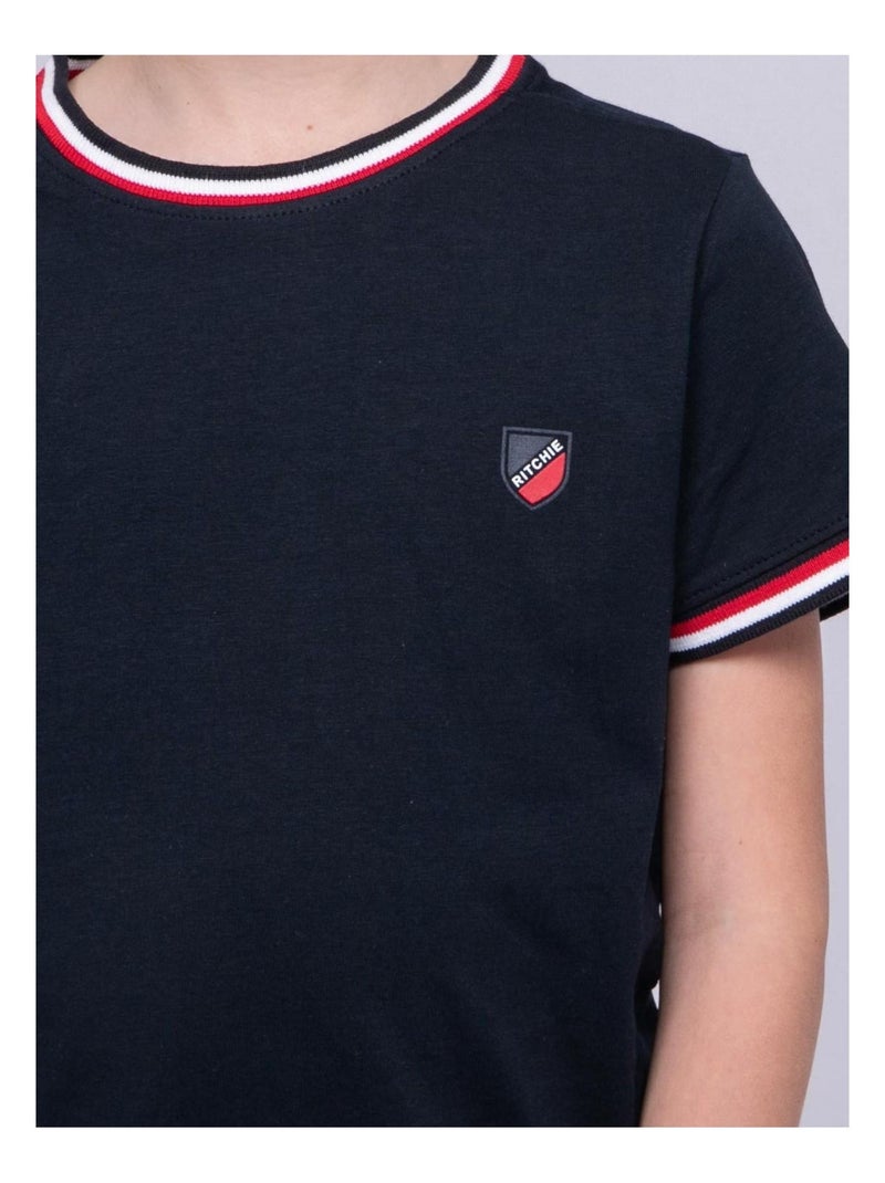 T-shirt col rond pur coton NOBIWONE garçon Bleu marine - Kiabi