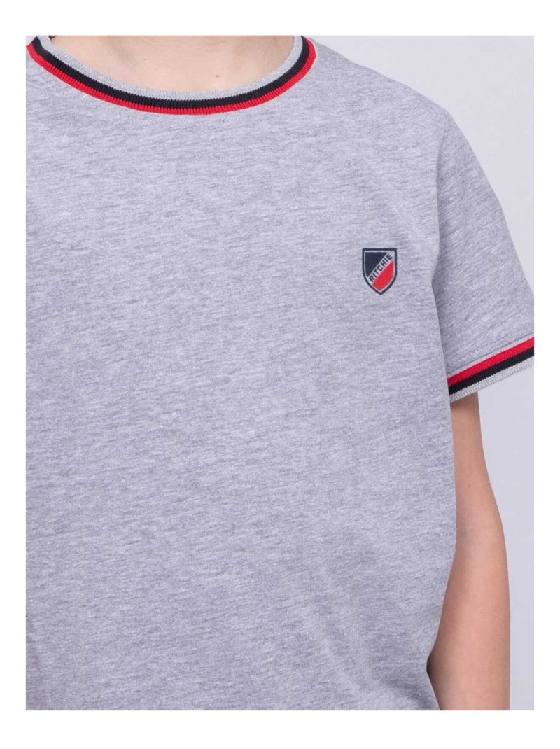 T-shirt col rond pur coton NOBIWONE garçon Gris chiné - Kiabi