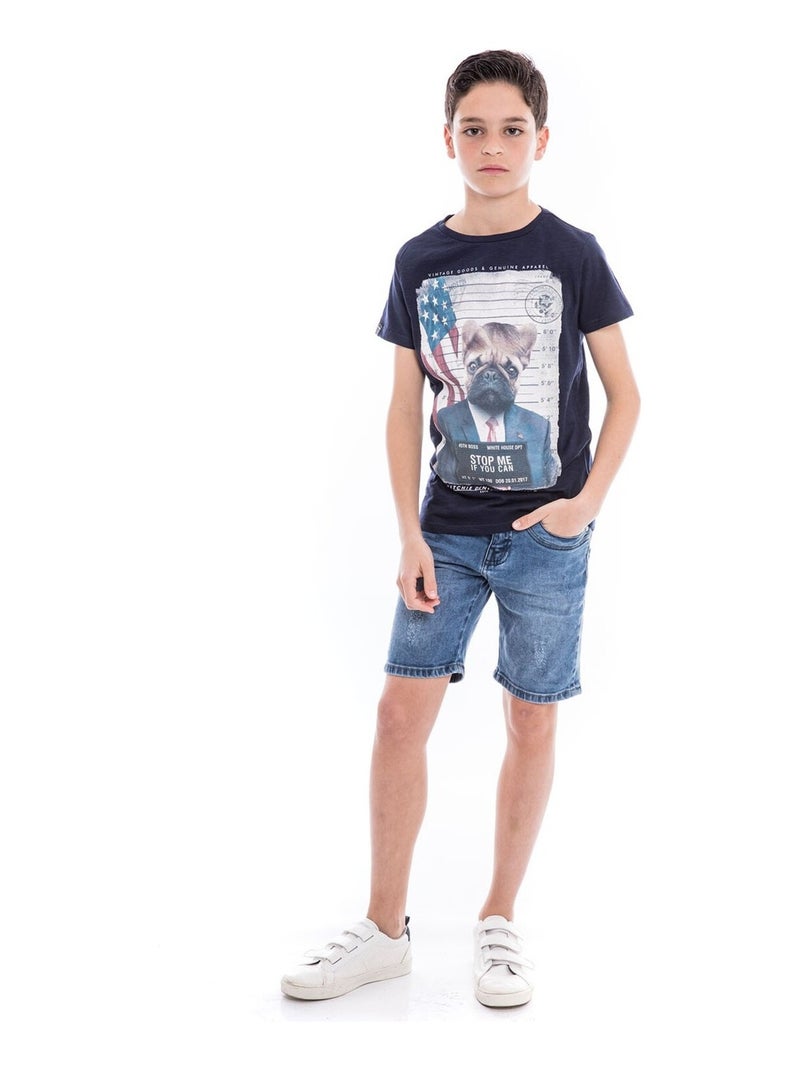 T-shirt col rond pur coton NODJO BOY Bleu marine - Kiabi