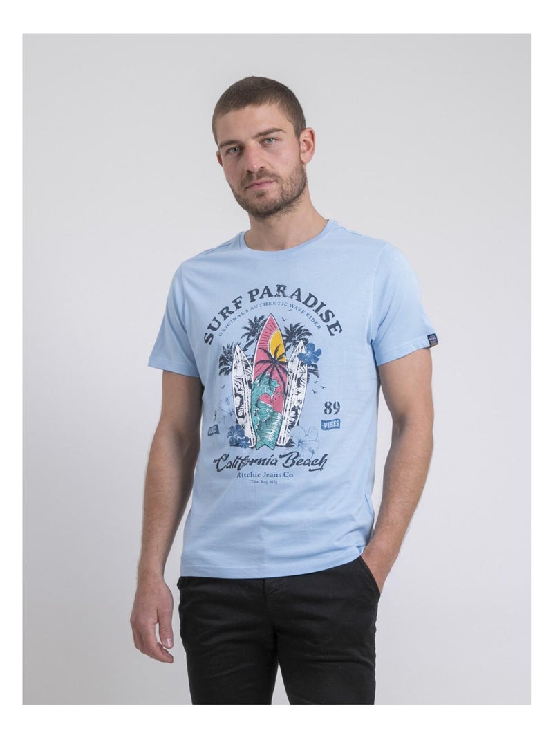 T-shirt col rond pur coton NOUKIWI Bleu ciel - Kiabi