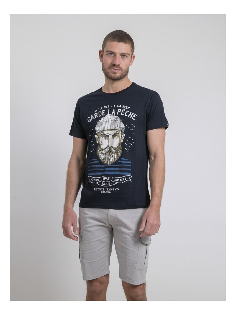 T-shirt col rond pur coton NOULANDY Bleu marine - Kiabi