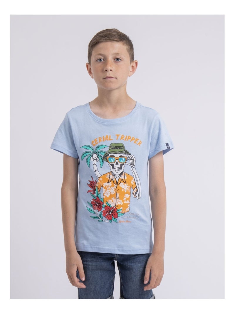 T shirt col rond pur coton NULRIK garçon Bleu ciel - Kiabi