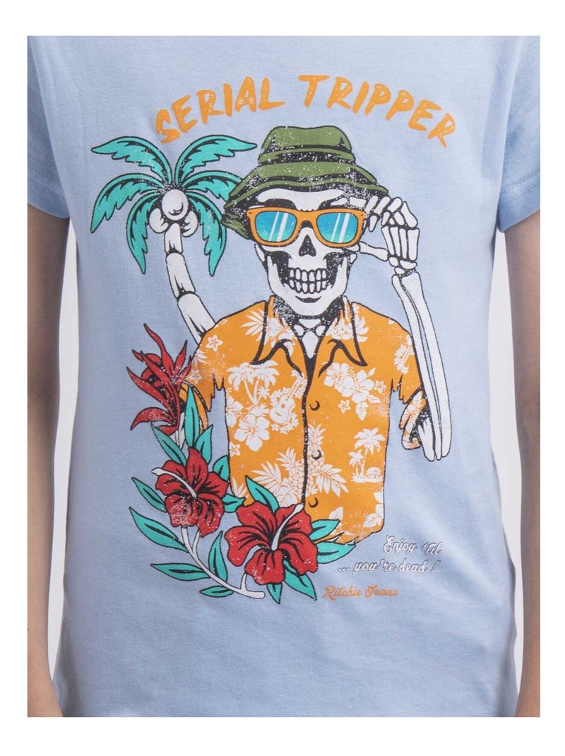 T shirt col rond pur coton NULRIK garçon Bleu ciel - Kiabi