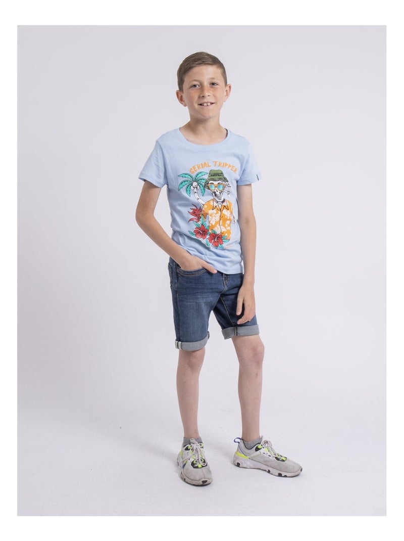 T shirt col rond pur coton NULRIK garçon Bleu ciel - Kiabi