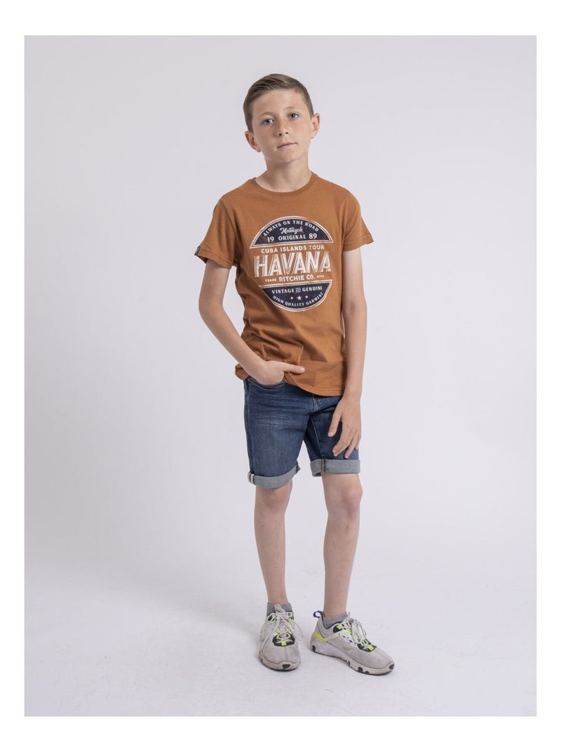 T-shirt col rond pur coton NUMATIS garçon Marron caramel - Kiabi