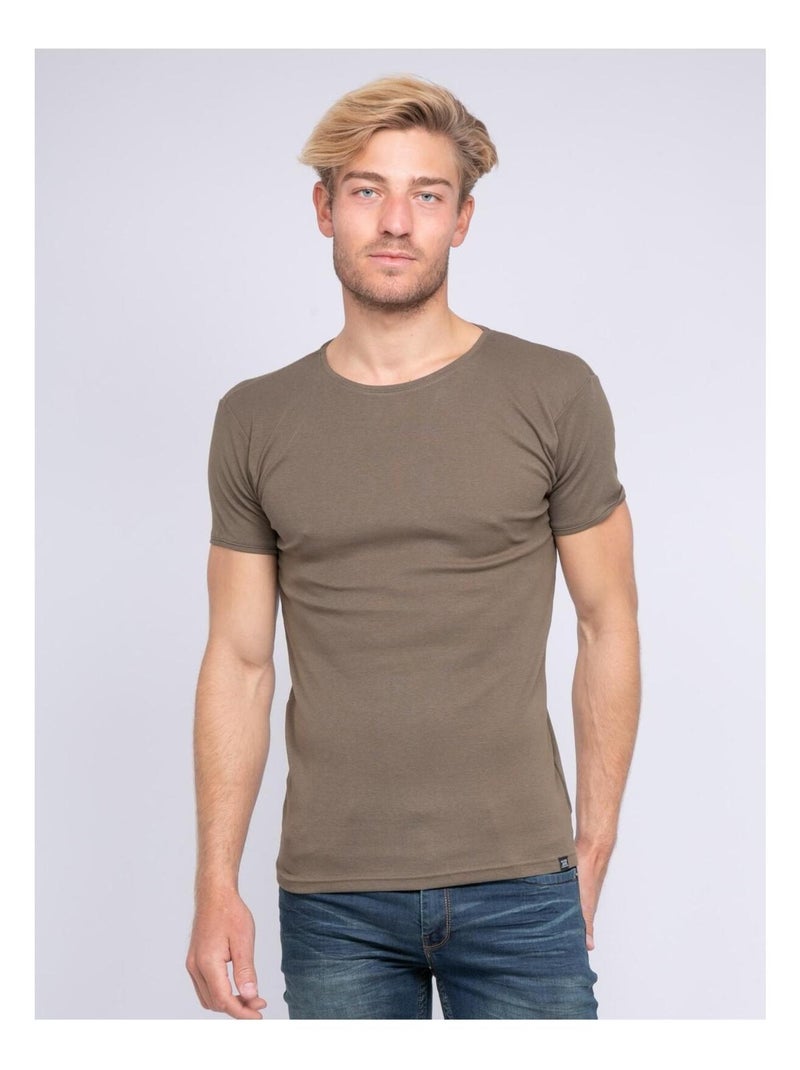 T-shirt col rond pur coton organique WARRY Kaki - Kiabi
