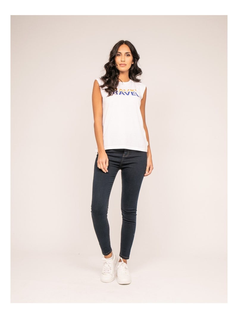 T-shirt col rond sans manches FLORIFOU Blanc - Kiabi