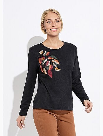 T-shirt col rond uni brodé manches longues